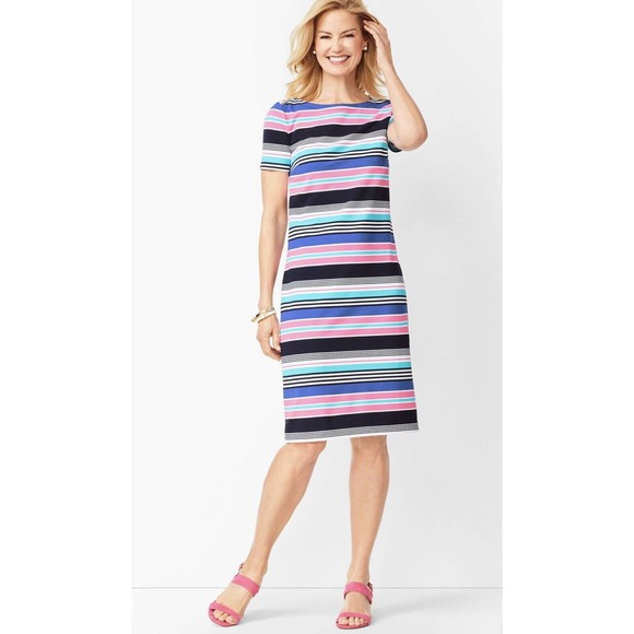 Talbots Multicolor Stripe Jersey Shift Dress Gold Button SP S Petite - Picture 2 of 8